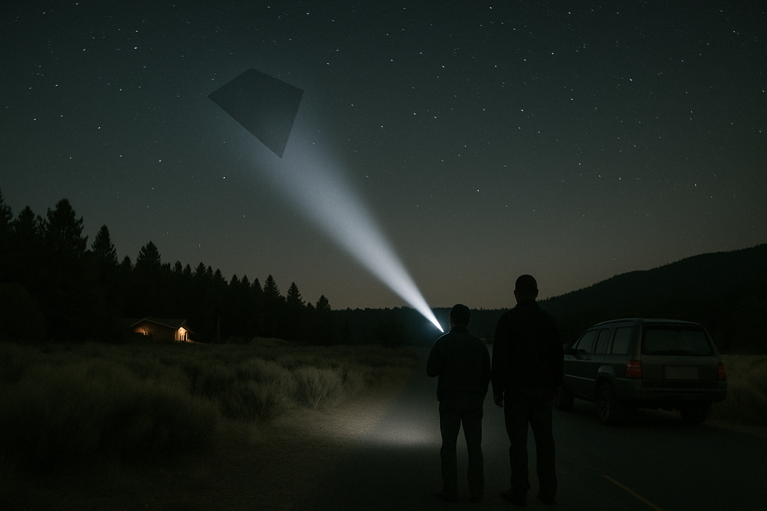 AI illustration of the Transparent Kite: a flashlight beam blocked by something invisible incident (1)